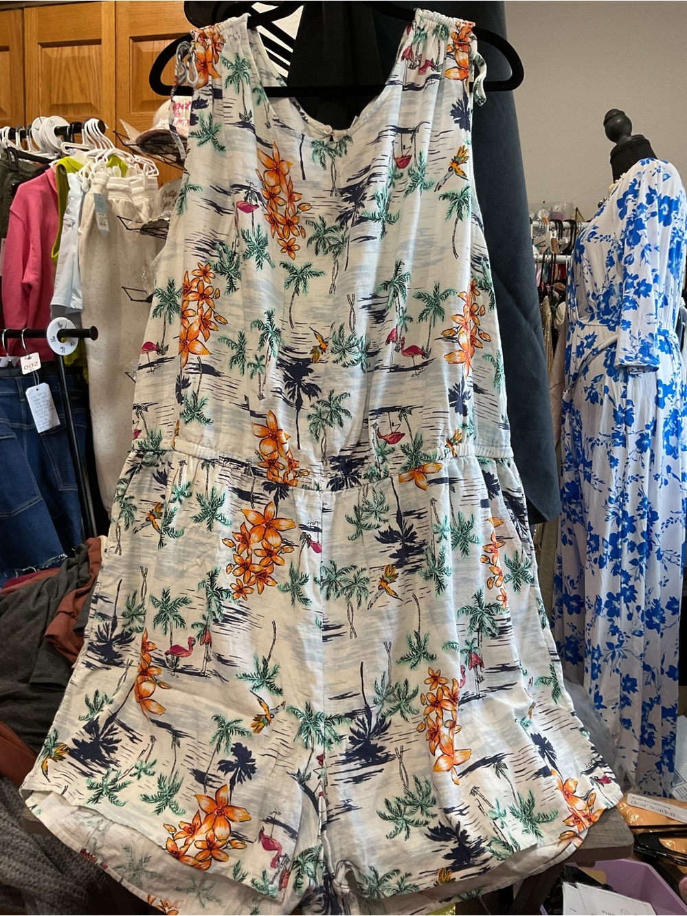WF392 - Tropical Palm Tree Floral Flamingo Sleeveless Romper Vacation Resort